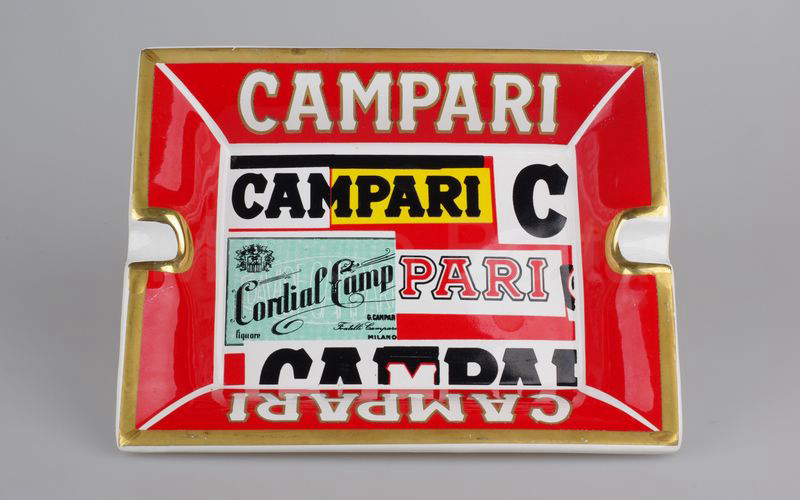 CAMPARI IL MANIFESTO di B. Munari posacenere rosso bordo oro