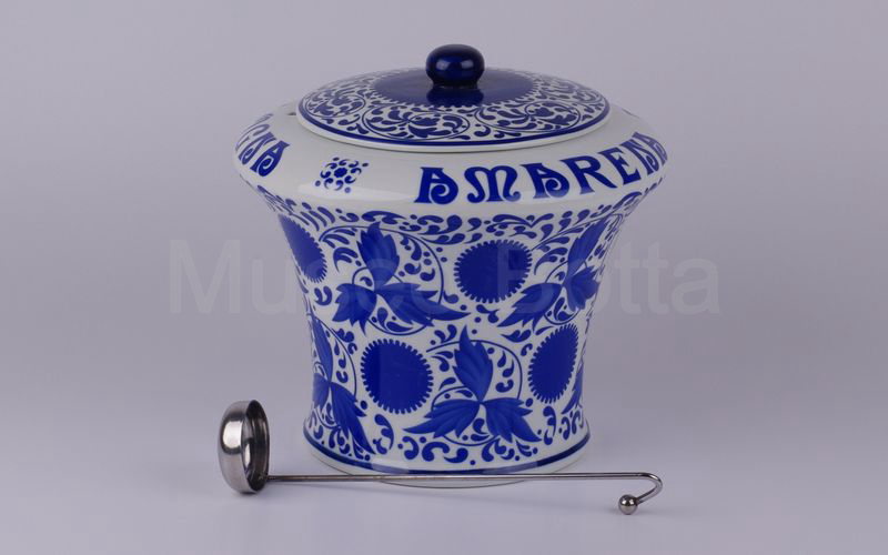 AMARENA FABBRI BOLOGNA vaso in ceramica bianco-blu azzurro (bicchiere e forchetta) H cm 24