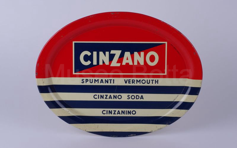 CINZANO - SPUMANTI VERMOUTH vassoio ovale in latta rosso-bianco-blu