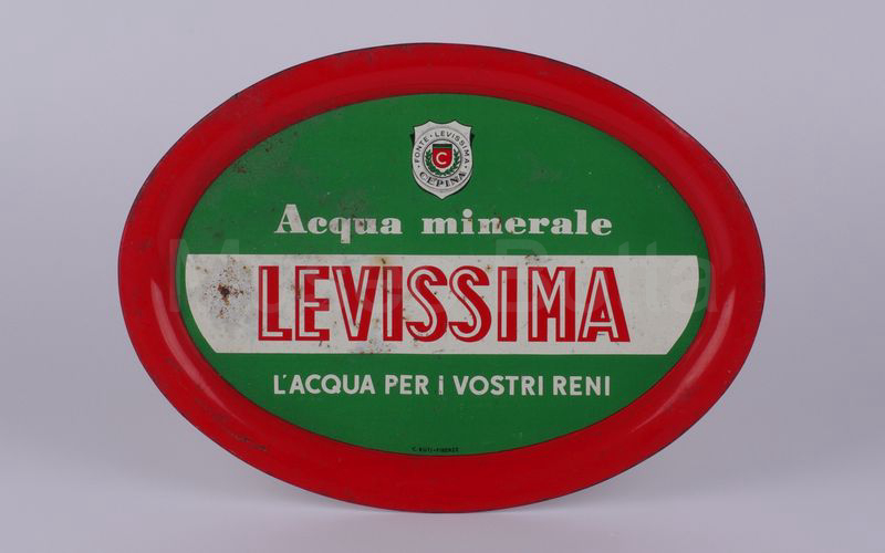 ACQUA MINERALE LEVISSIMA vassoio ovale in latta rosso-verde-bianco