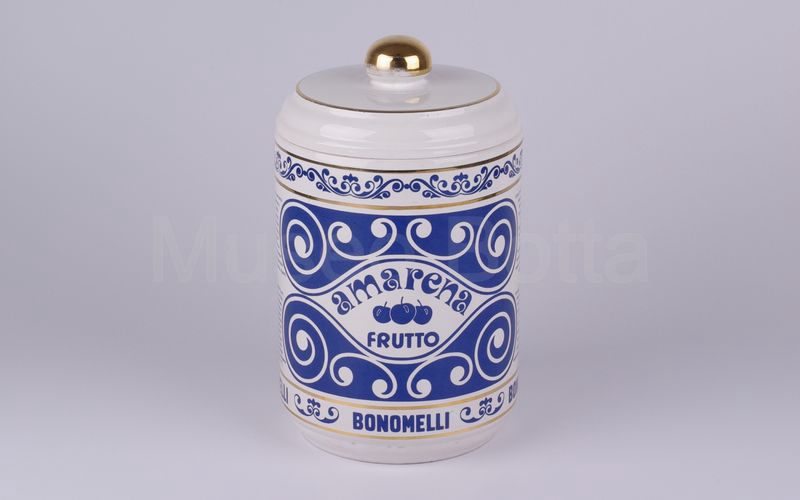 AMARENA FRUTTO BONOMELLI vaso cilindrico in ceramica bianco-blu-oro