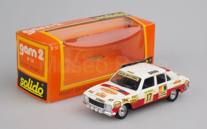 SOLIDO (50-5) Peugeot 504 Rallye berlina Rally del Bandama n. 17 bianco-rosso