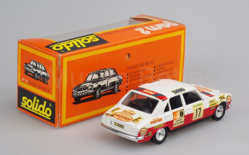 SOLIDO (50-5) Peugeot 504 Rallye berlina Rally del Bandama n. 17 bianco-rosso