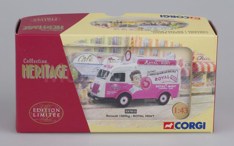 CORGI HERITAGE (EX70533) Renault 1000kg furgone "ROYAL MINT" Tour de France 1949 bianco-rosa intenso