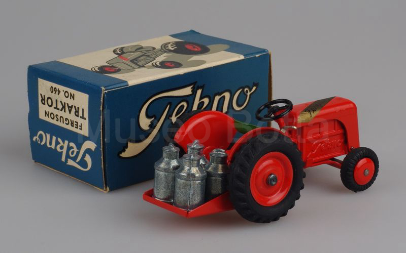 TEKNO (460+461) Ferguson tipo TE 20 trattore agricolo 1946-1956 + piattaforma con 4 bidoni del latte rosso arancio