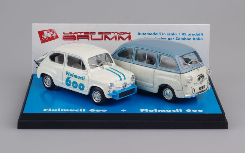 BRUMM PROMOZIONALE (S01/03) Confezione FLUIMUCIL 600 (Fiat Abarth 850 TC bianca-azzurra + Fiat 600 Multipla celeste-grigio chiaro)