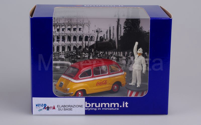 GIFT SET su base BRUMM Fiat 600 Multipla "COCA-COLA" Olimpiadi Roma 1960 durante marcia olimpica rosso-giallo EDIZIONE LIMITATA