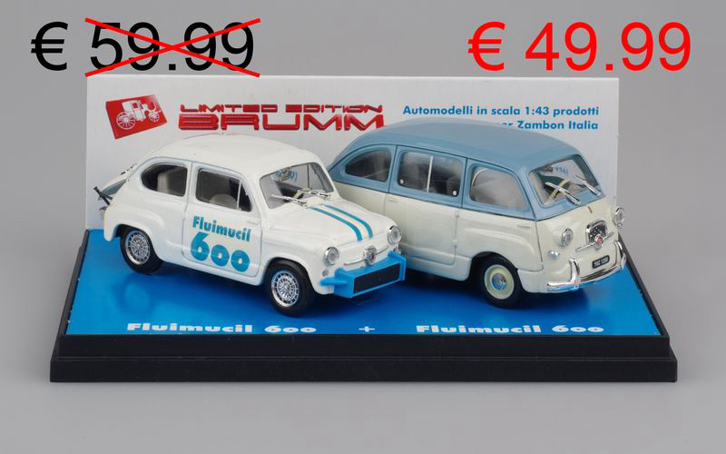 BRUMM PROMO (S01/03) Confezione FLUIMUCIL 600 (Fiat Abarth 850 TC bianca-azzurra + Fiat 600 Multipla azzurro-bianco)