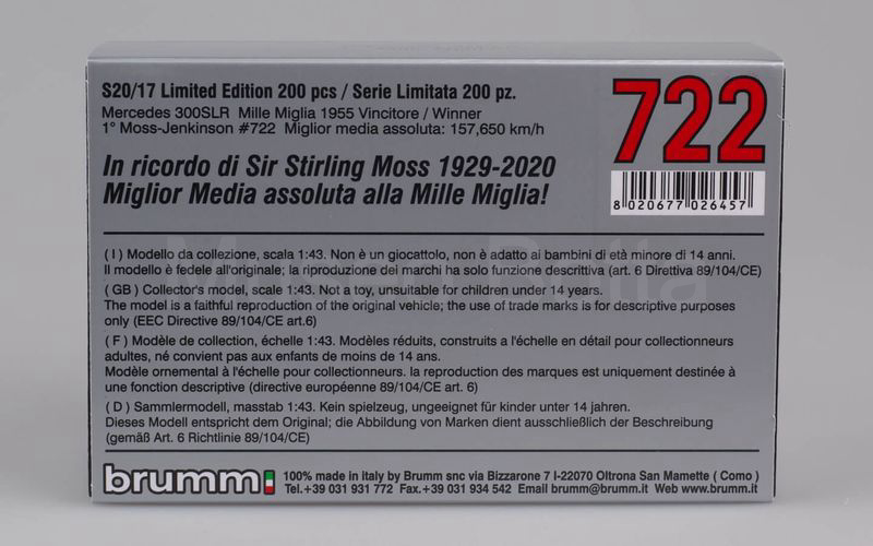 BRUMM (S20/17) Mercedes Benz 300 SLR 1° Mille Miglia 1955 Moss